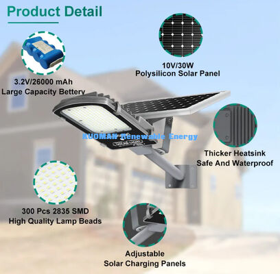 IP65 Wasserdichtes 300 Watt Solarstraßenlicht mit Bewegungssensormodus und Solarpaneel für Stadtstraßen